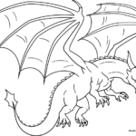 Detailed line art of a realistic dragon in a dynamic pose, featuring intricate scales, large leathery wings, and sharp horns, ready for coloring.