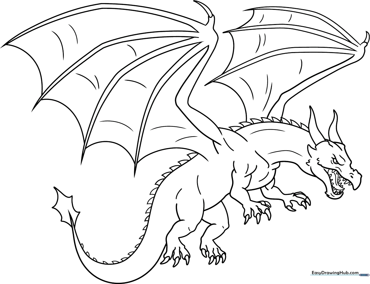 Detailed line art of a realistic dragon in a dynamic pose, featuring intricate scales, large leathery wings, and sharp horns, ready for coloring.