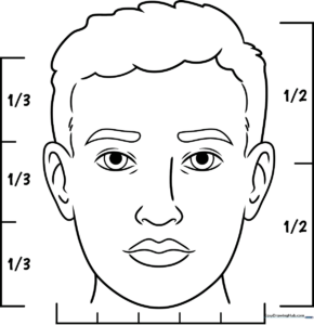 Black and white line art of a realistic human face, featuring clear facial proportions and defined features for coloring practice.