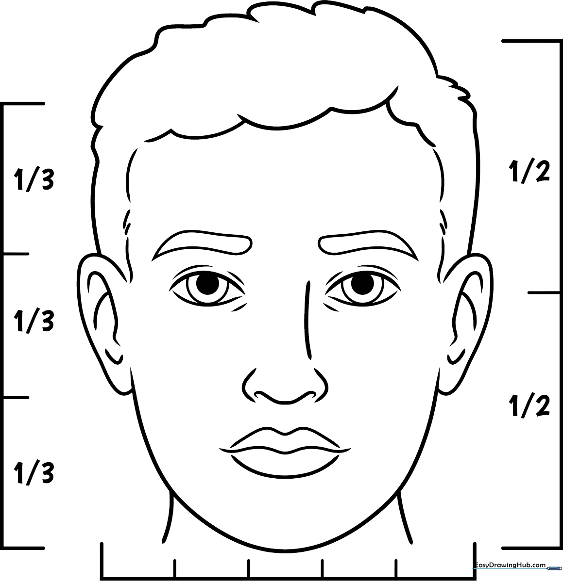 Black and white line art of a realistic human face, featuring clear facial proportions and defined features for coloring practice.