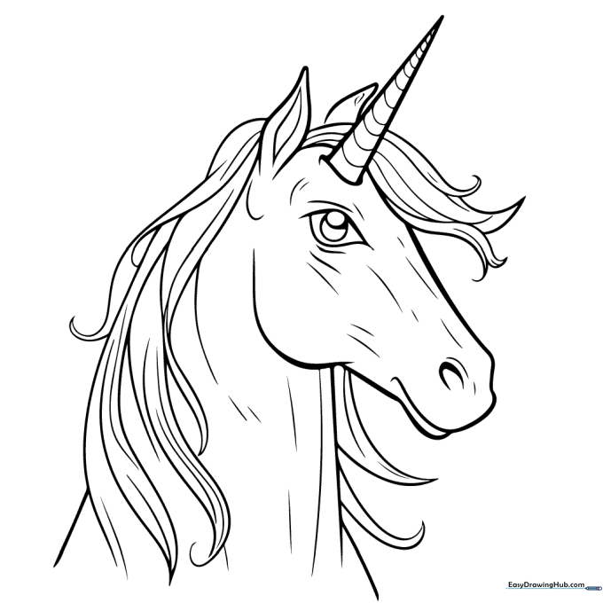 Detailed line art of a unicorn head with a flowing mane and spiraled horn, designed for educational coloring practice.
