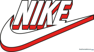 Hand-drawn Nike Swoosh logo on white paper showing clean, curved lines and bold shading techniques.