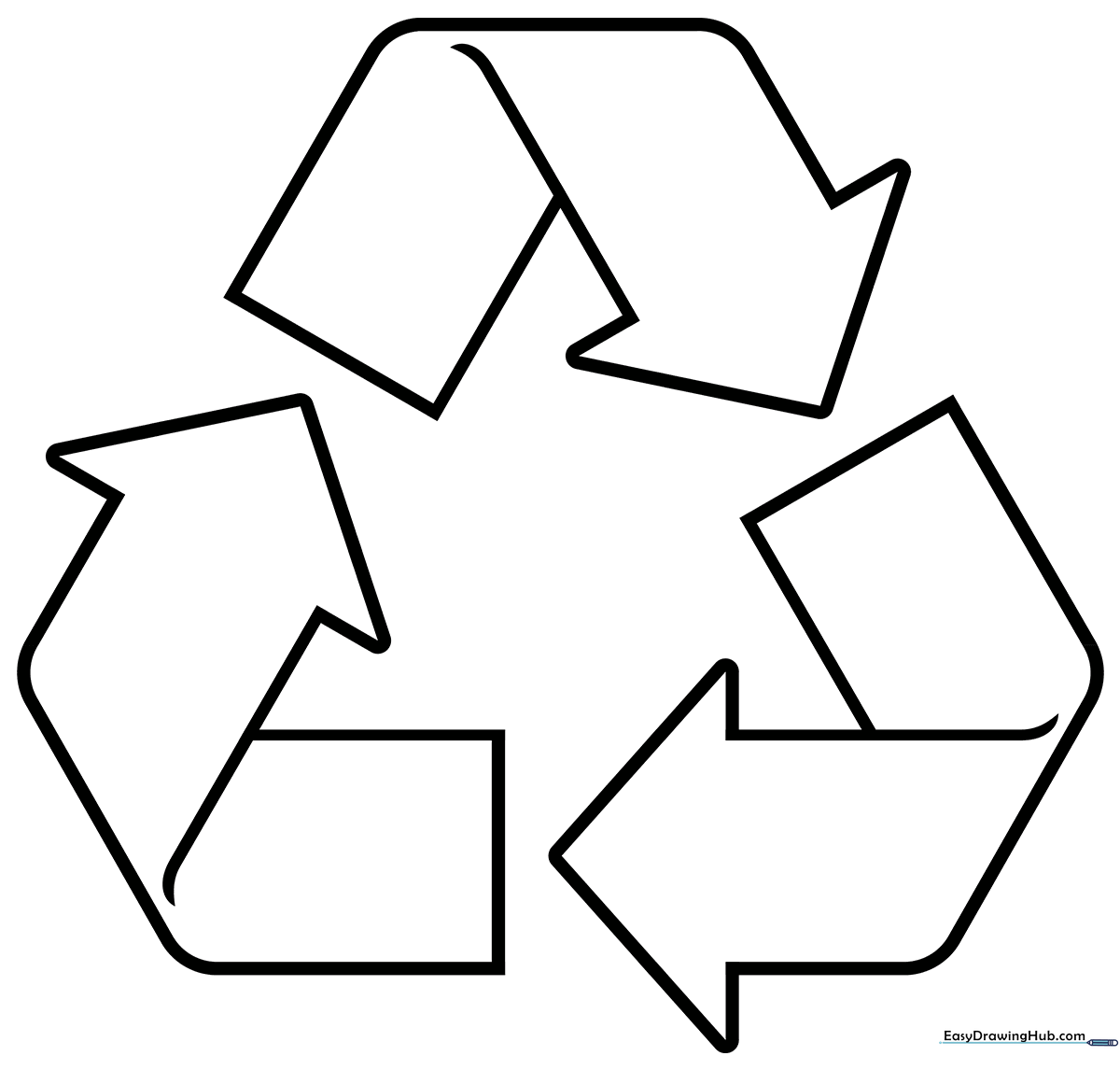 A clean, bold line-art illustration of the universal recycling symbol featuring three chasing arrows, designed for children to color.