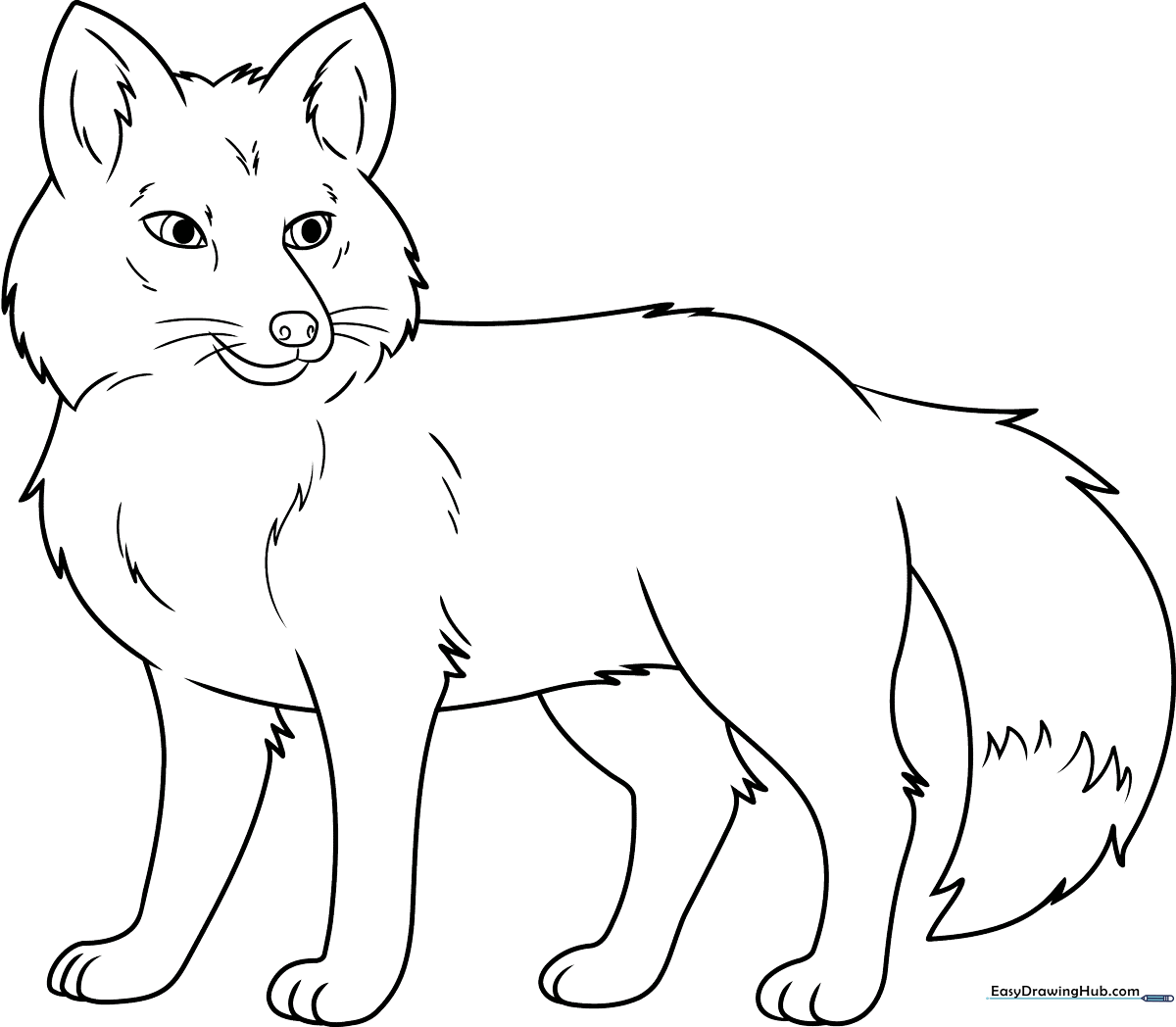 A friendly cartoon red fox with large ears and a bushy tail, featuring thick, clean outlines perfect for children to color.