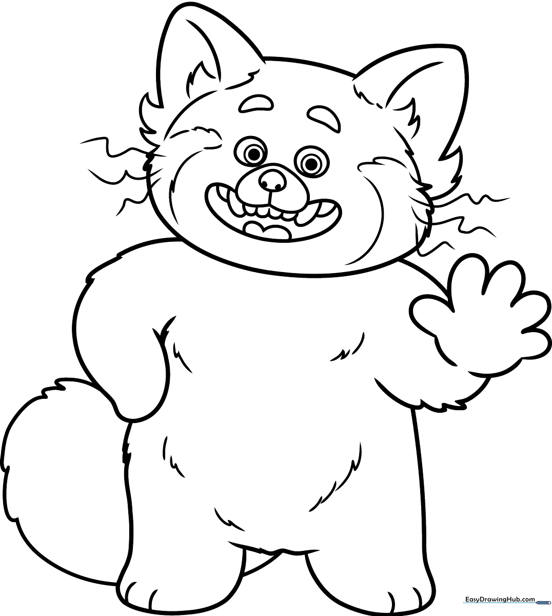 Black and white line art of Red Panda Mei Lee from Turning Red, featuring clear outlines for easy coloring by children.