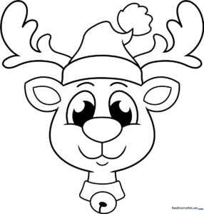 Black and white line art of a cute reindeer face with large antlers, perfect for children to color with crayons or markers.