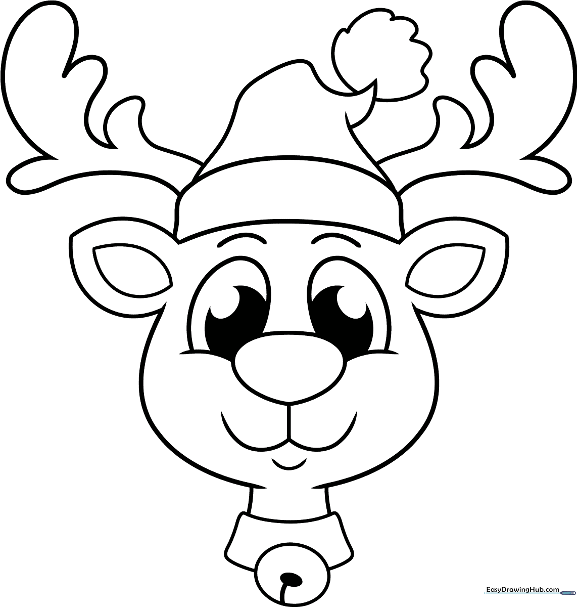Black and white line art of a cute reindeer face with large antlers, perfect for children to color with crayons or markers.