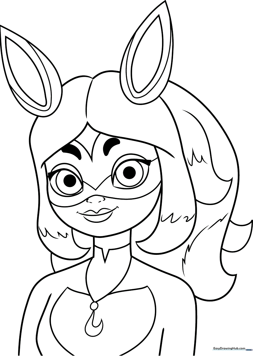 Line art of Rena Rouge from Miraculous, showing her fox-themed superhero mask, ears, and costume, ready for kids to color.