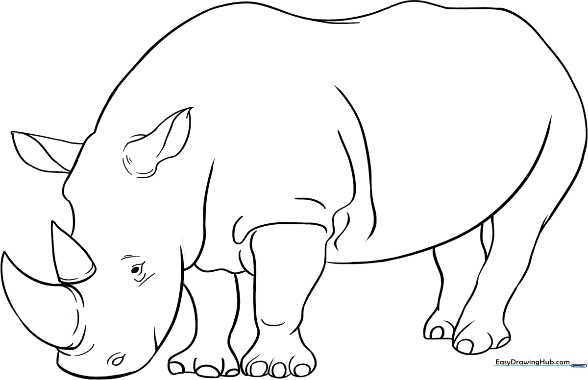 A friendly cartoon rhinoceros with a large horn standing in profile, featuring bold, thick outlines for easy coloring by children.