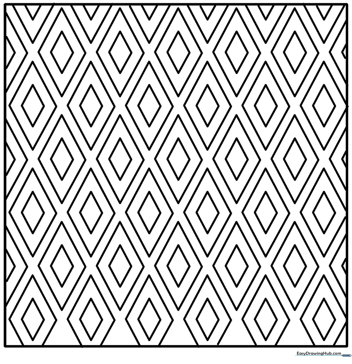 Black and white geometric rhombus pattern with clean lines, designed for children to practice coloring within shapes and exploring symmetry.