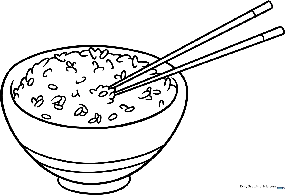 A clean, black-and-white line art illustration of a bowl filled with rice and a pair of chopsticks resting on top, designed for children to color.