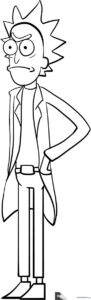 Black and white line art of Rick Sanchez standing in a classic pose, ready for coloring with markers or crayons.