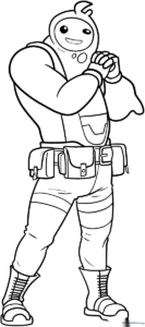 Black and white line art of Rippley from Fortnite standing in a heroic pose, featuring clear outlines for easy coloring by children.