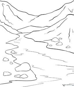 Black and white line art of a winding river landscape with surrounding banks, designed for children to color.