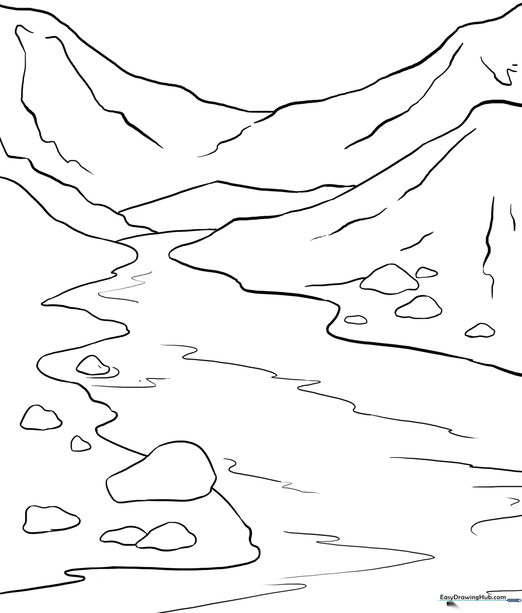 Black and white line art of a winding river landscape with surrounding banks, designed for children to color.