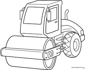 A clean, black-and-white line art illustration of a friendly cartoon road roller, featuring a large front drum and a driver's cab, ready for coloring.