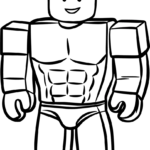 Black and white line art of a Roblox character with exaggerated muscular physique, ready for coloring.