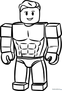 Black and white line art of a Roblox character with exaggerated muscular physique, ready for coloring.