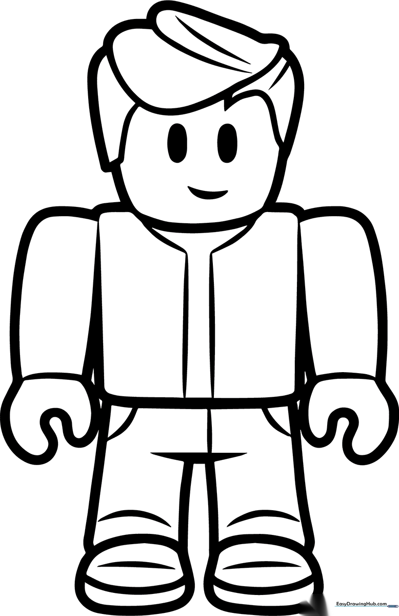 Black and white line art of a Roblox character boy standing in a neutral pose, featuring clean outlines perfect for coloring with markers or crayons.