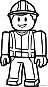 Black and white line art of a Roblox character wearing a construction hard hat and work vest, ready for coloring.