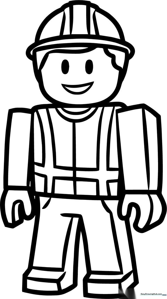 Black and white line art of a Roblox character wearing a construction hard hat and work vest, ready for coloring.