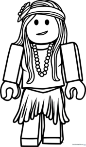 Black and white line art of a Roblox character with long hair and hippie-style clothing, ready for coloring.