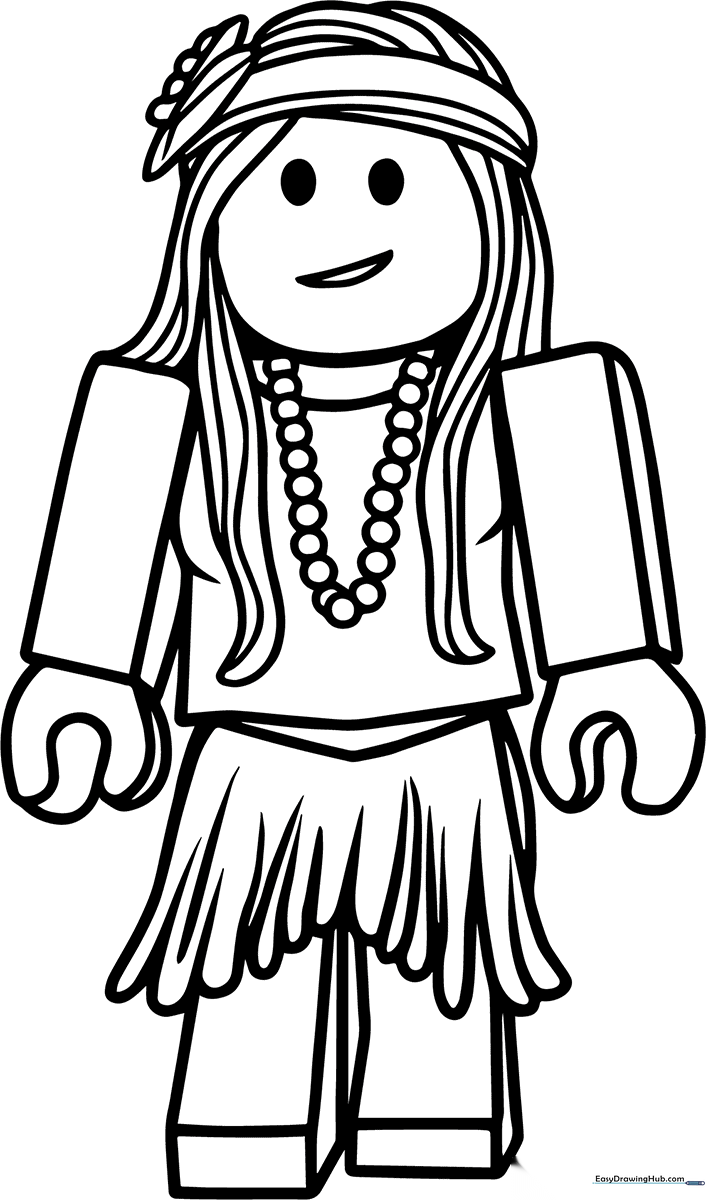 Black and white line art of a Roblox character with long hair and hippie-style clothing, ready for coloring.