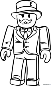 Black and white line art of the Roblox Monopoly Man character, featuring his signature top hat and suit, ready for coloring.