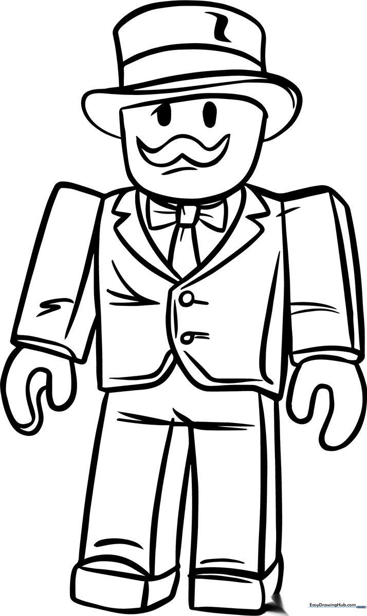 Black and white line art of the Roblox Monopoly Man character, featuring his signature top hat and suit, ready for coloring.
