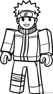 Black and white line art of a Roblox-style Naruto character featuring bold outlines, ideal for children practicing coloring within the lines.