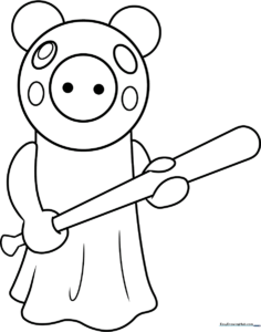 Black and white line art of the Roblox Piggy character standing, featuring clear outlines for easy coloring by children.