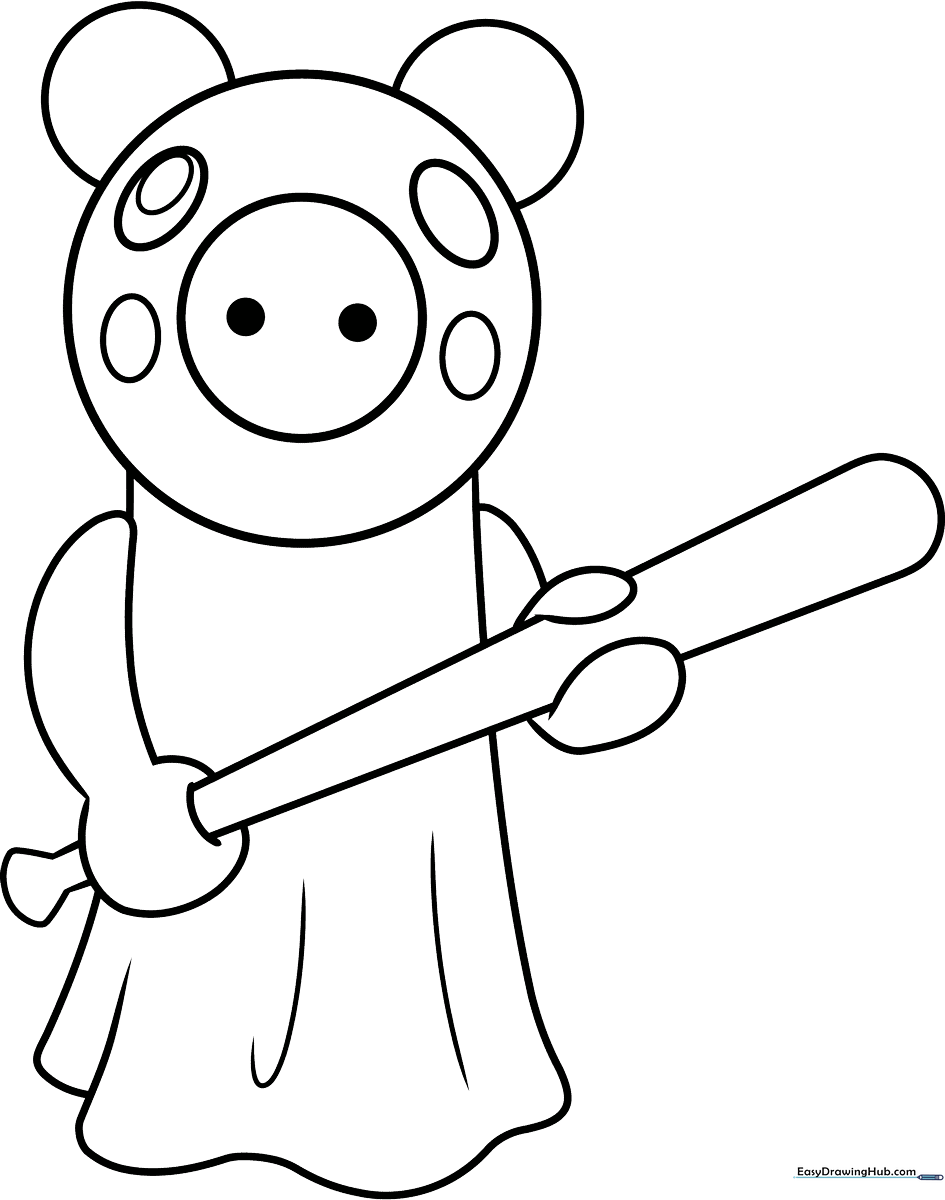 Black and white line art of the Roblox Piggy character standing, featuring clear outlines for easy coloring by children.