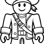 Black and white line art of a Roblox pirate character wearing a classic tricorn hat and eye patch, ready for coloring.