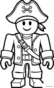 Black and white line art of a Roblox pirate character wearing a classic tricorn hat and eye patch, ready for coloring.