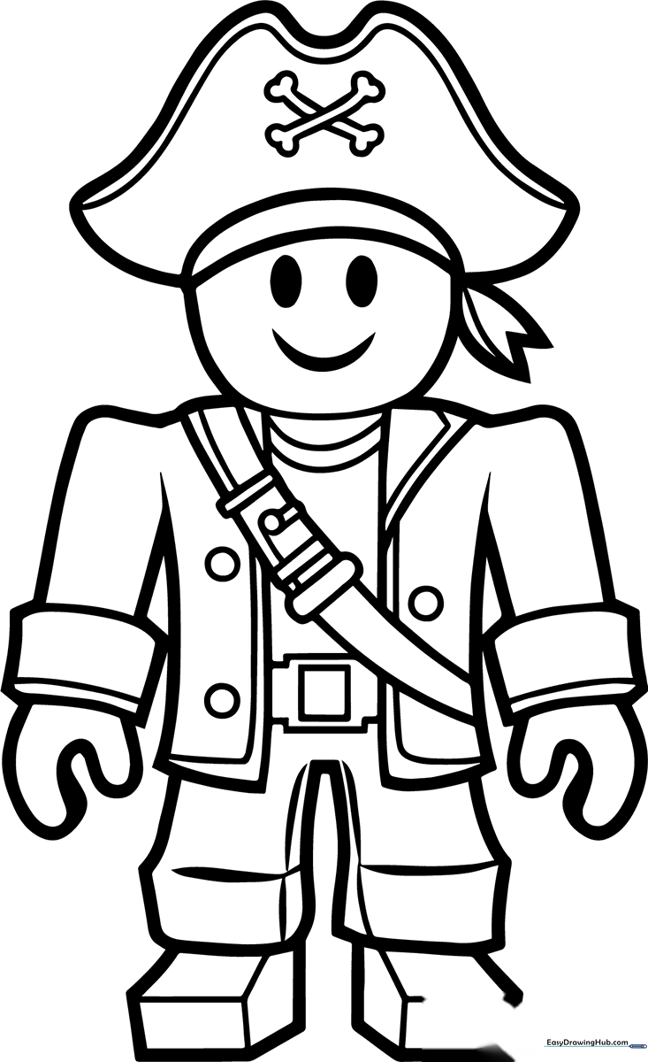 Black and white line art of a Roblox pirate character wearing a classic tricorn hat and eye patch, ready for coloring.