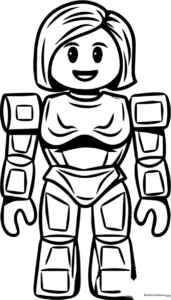 Black and white line art of a Roblox-style robot character with blocky limbs and a friendly expression, ready for coloring.