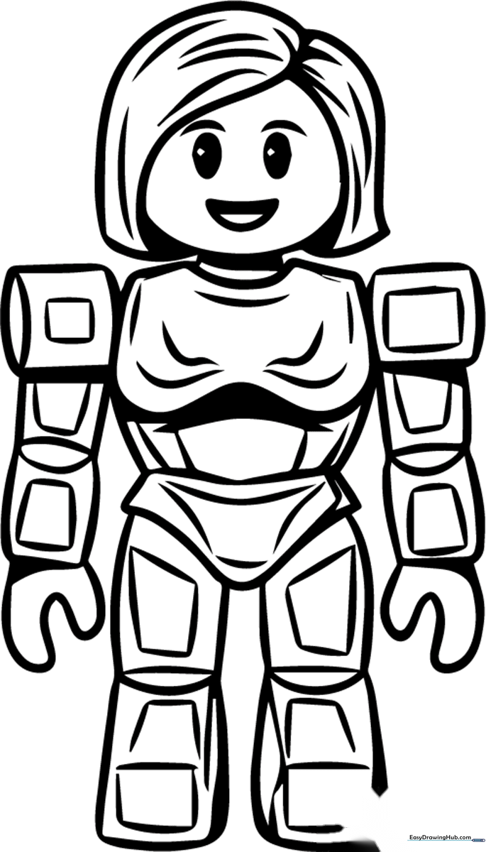 Black and white line art of a Roblox-style robot character with blocky limbs and a friendly expression, ready for coloring.