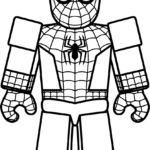Black and white line art of a Roblox-style Spider-Man character standing in a heroic pose, featuring clean outlines for easy coloring by children.