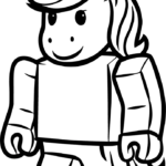 Black and white line art of a Roblox unicorn character with a flowing mane and horn, ready for coloring on a standard printable page.