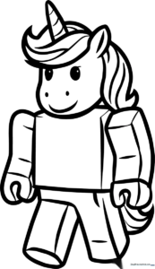 Black and white line art of a Roblox unicorn character with a flowing mane and horn, ready for coloring on a standard printable page.
