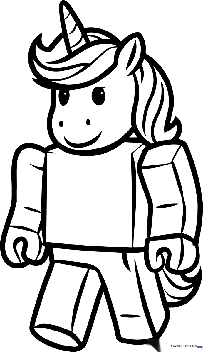 Black and white line art of a Roblox unicorn character with a flowing mane and horn, ready for coloring on a standard printable page.