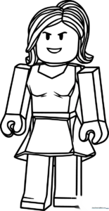 Black and white line art of a Roblox woman character featuring bold outlines, ideal for children to color with markers or crayons.