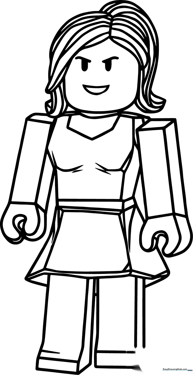 Black and white line art of a Roblox woman character featuring bold outlines, ideal for children to color with markers or crayons.