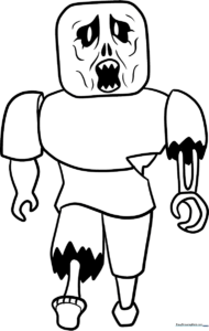 Black and white line art of a Roblox Zombie character featuring blocky limbs and a classic undead expression, ready for coloring.