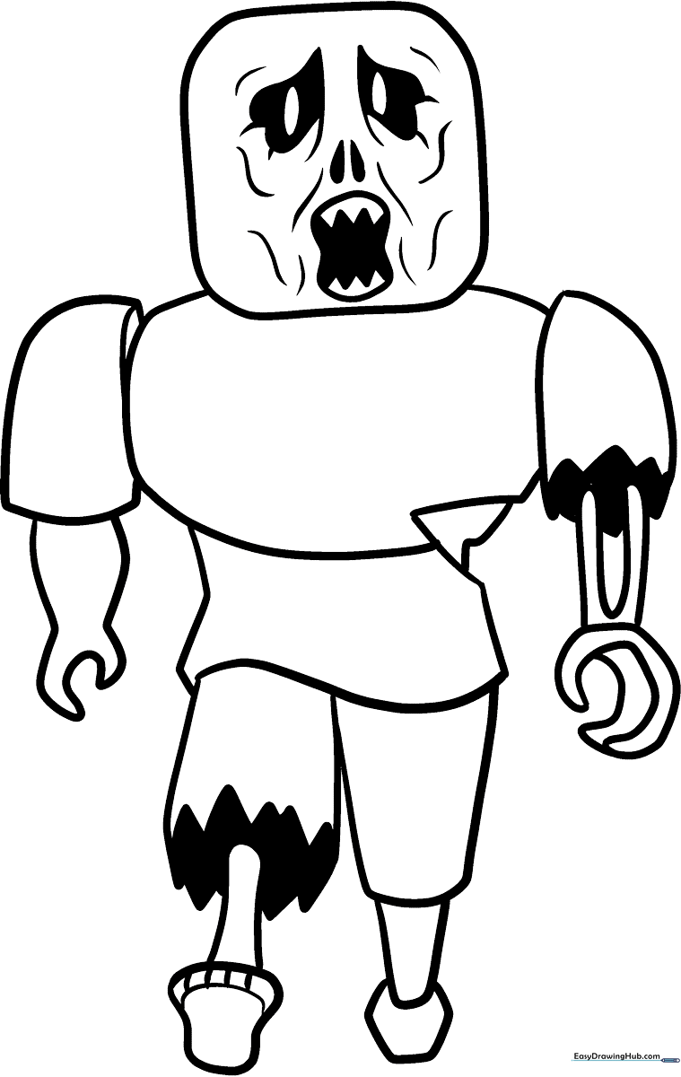 Black and white line art of a Roblox Zombie character featuring blocky limbs and a classic undead expression, ready for coloring.