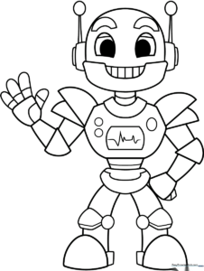 A friendly cartoon robot with a square head and antenna, featuring bold outlines for easy coloring by children.