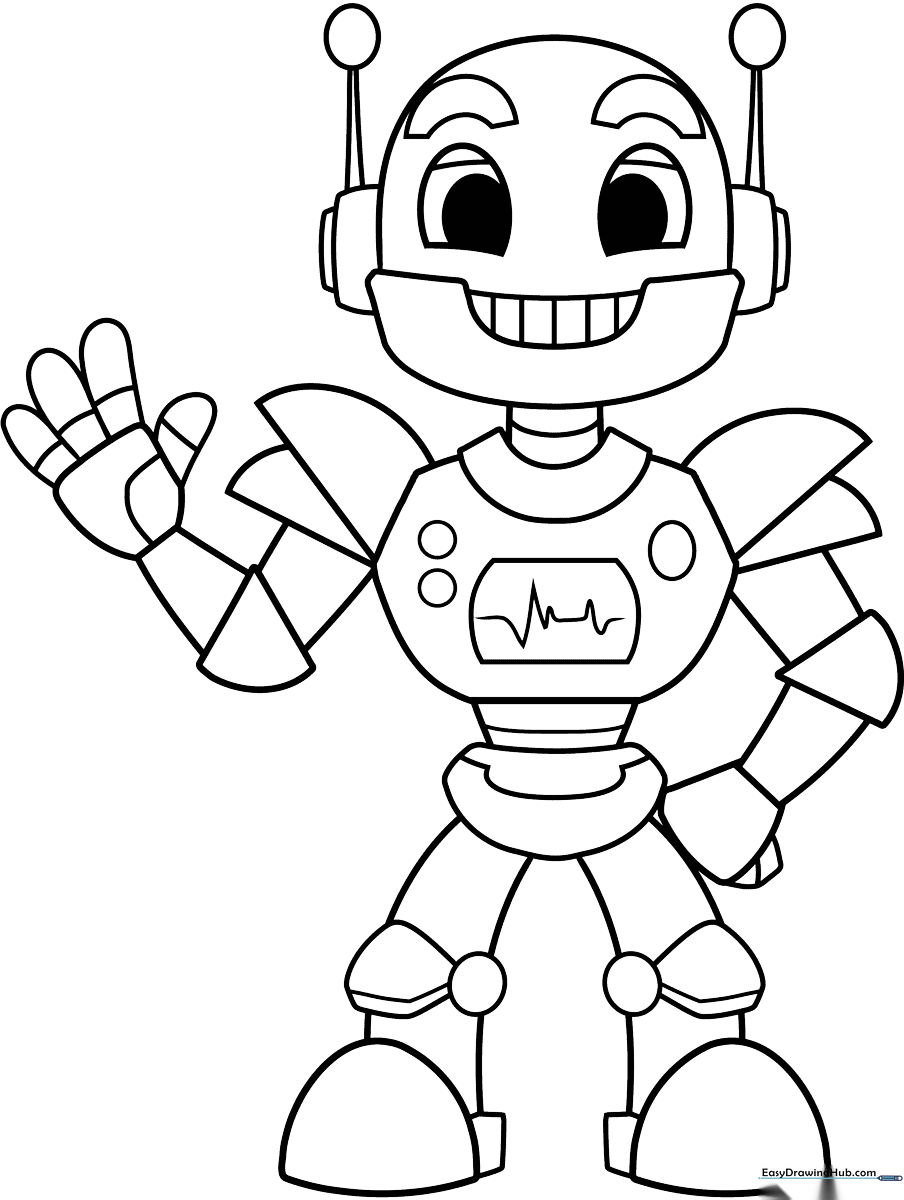 A friendly cartoon robot with a square head and antenna, featuring bold outlines for easy coloring by children.