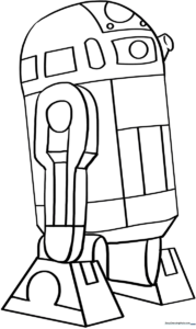 Printable R2-D2 coloring page showing the droid's cylindrical body and dome head with panel details.