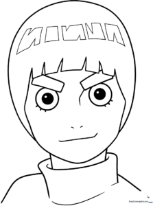 Black and white line art of Rock Lee from Naruto, featuring his signature bowl cut, thick eyebrows, and ninja jumpsuit, ready for coloring.