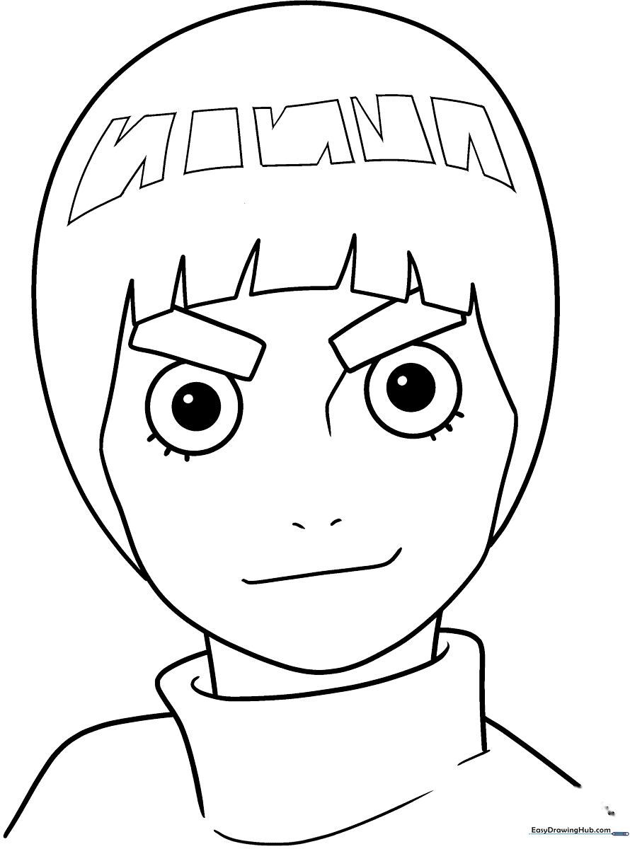 Black and white line art of Rock Lee from Naruto, featuring his signature bowl cut, thick eyebrows, and ninja jumpsuit, ready for coloring.